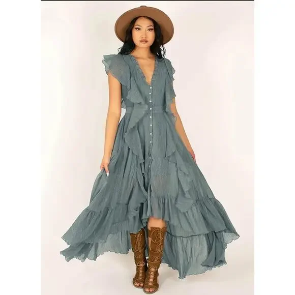 Elegant Gray Ruffled Maxi Dress - Picture 2 of 7